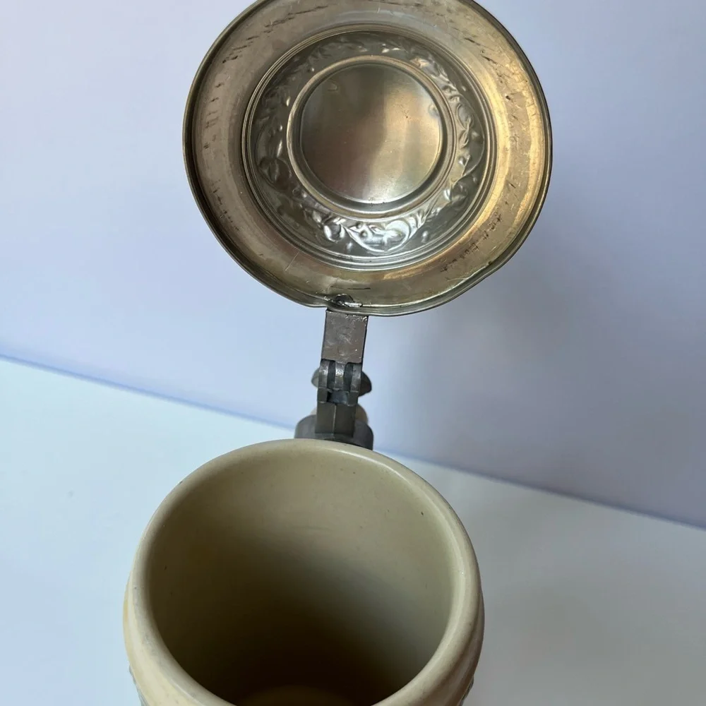 Vintage Ceramic German Beer Stein with Golf Scene and Pewter lid
